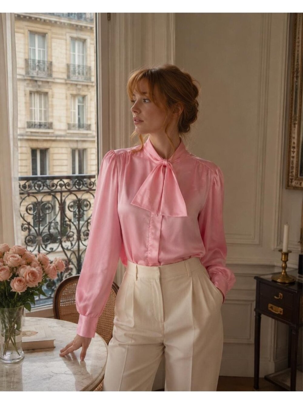 Vintage Pink Satin Bow Blouse | Women’s L/XL | 80s Secretary Blouse | Romantic B